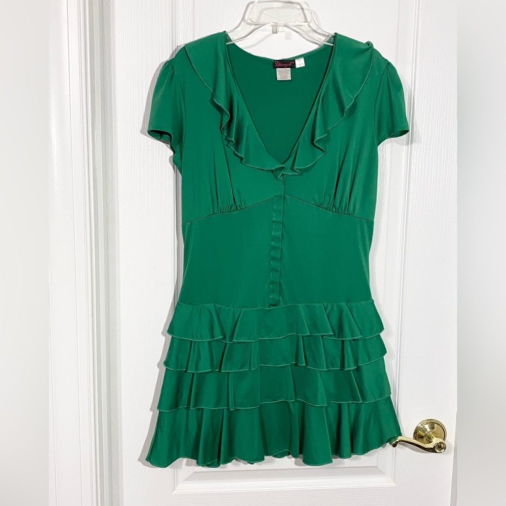 Y2K VTG Dreamgirl Tiered Ruffle Mini Dress Emerald Green Size Junior Medium